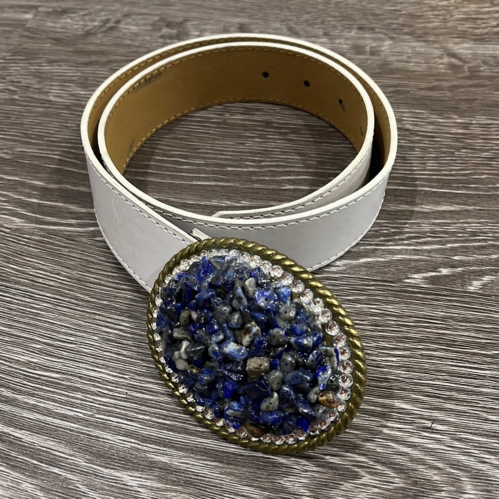 Leather belt with blue buckle size small